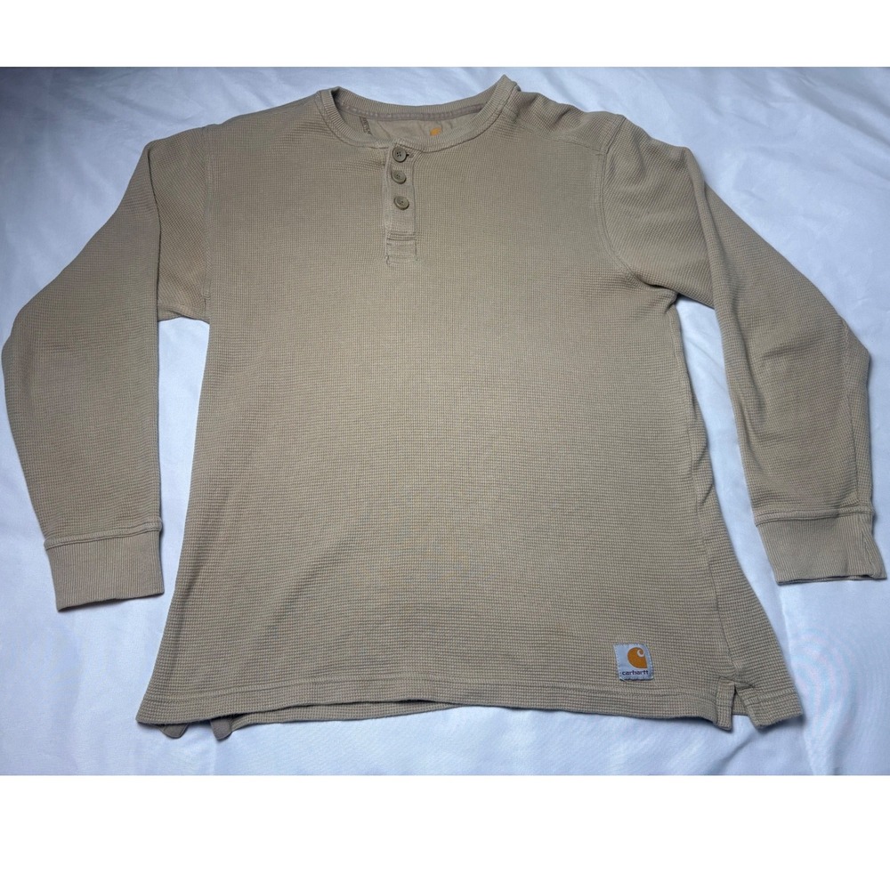 Carhartt Henley Shirt Mens L Tan Good Waffle Knit Relaxed Fit 100568